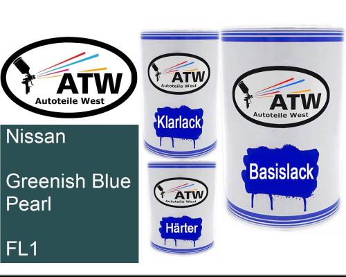 Nissan, Greenish Blue Pearl, FL1: 500ml Lackdose + 500ml Klarlack + 250ml Härter - Set, von ATW Autoteile West.